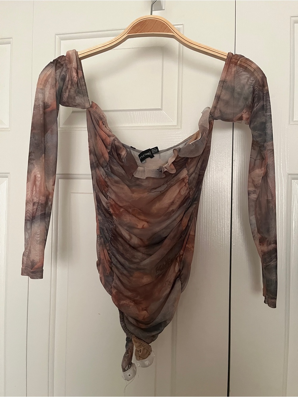 PrettyLittleThing Brown & Gray Marble Mesh Ruched Bodysuit